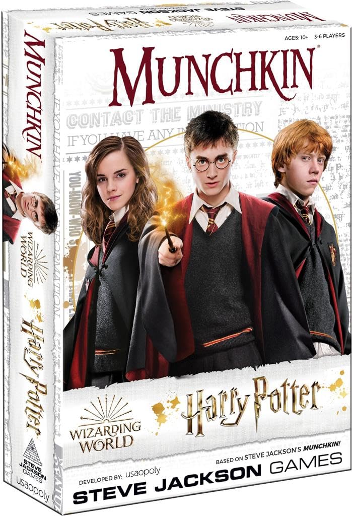 USAOPOLY Munchkin Harry Potter cover art invites players into a magical duel.
