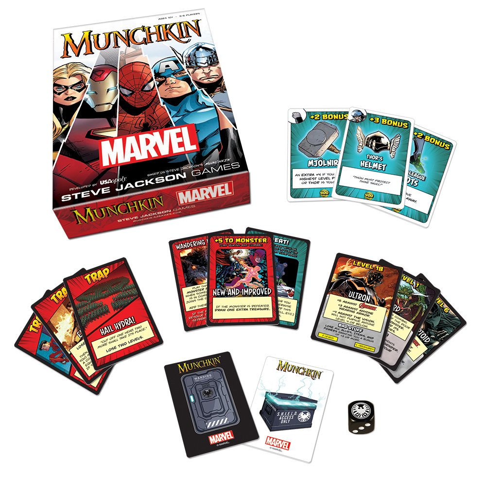 USAOPOLY Munchkin Marvel Edition with a custom Marvel die for tactile flavor