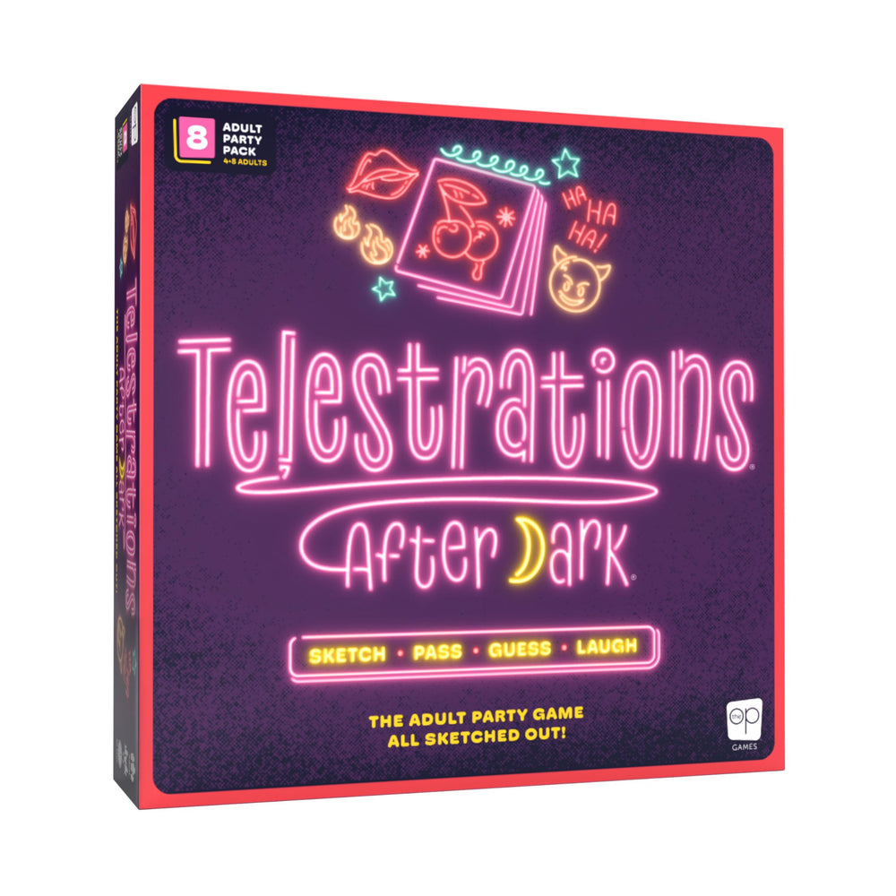 USAOPOLY Telestrations After Dark box front, bold design for adult game night laughter.