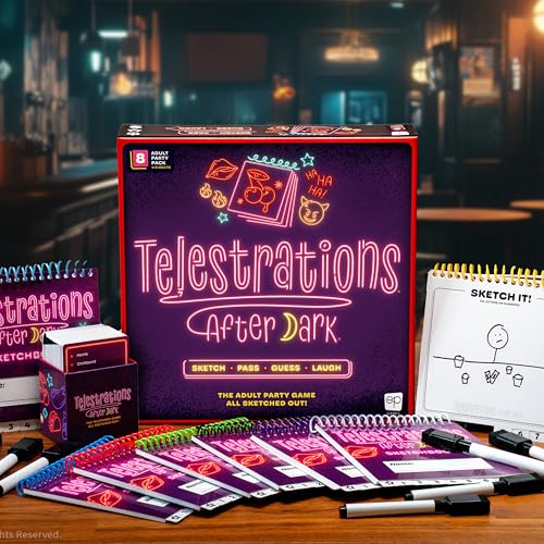  USAOPOLY Telestrations After Dark components laid out for quick setup.