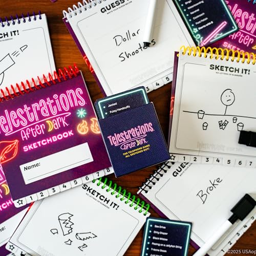  USAOPOLY Telestrations After Dark prompts and cards spread out, spark humor and miscommunication.