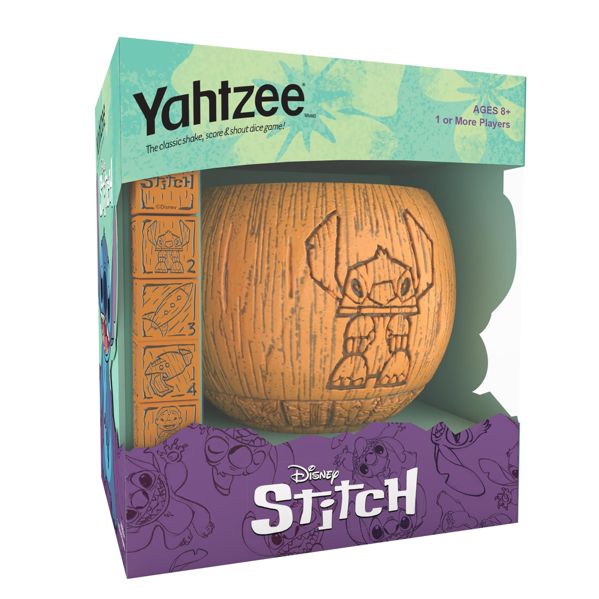 USAOPOLY Yahtzee Disney Stitch tiki cup with dice for family game night fun.