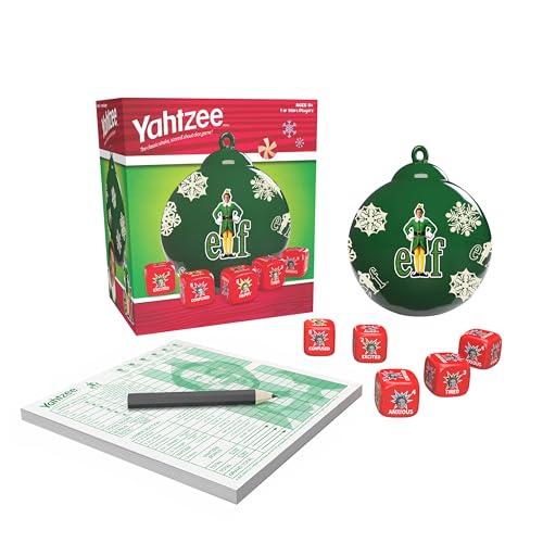 USAOPOLY Yahtzee Elf Edition Buddy dice display with themed faces for festive play.