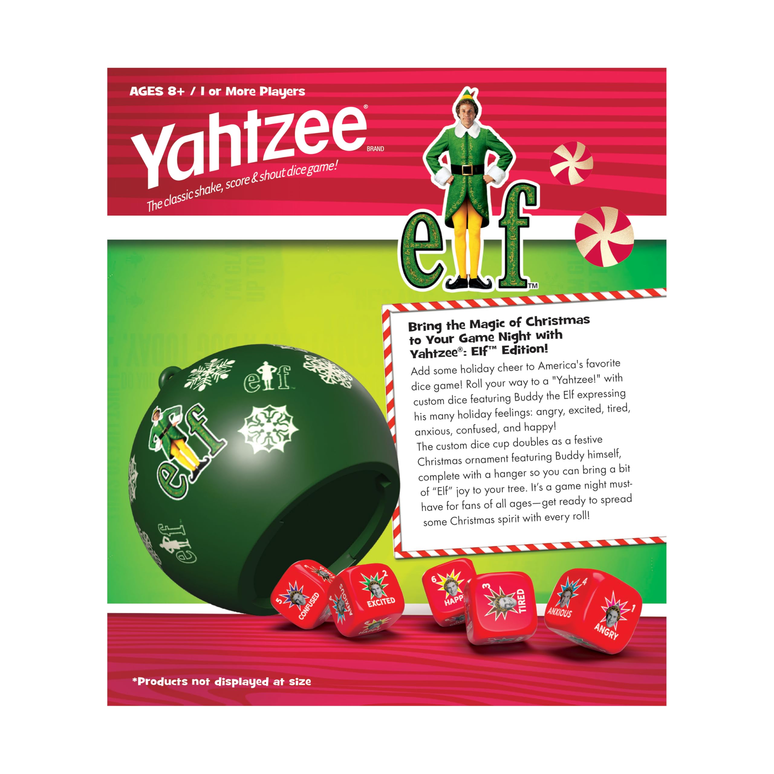 USAOPOLY Yahtzee Elf Edition score pad and pencil included for effortless scoring.