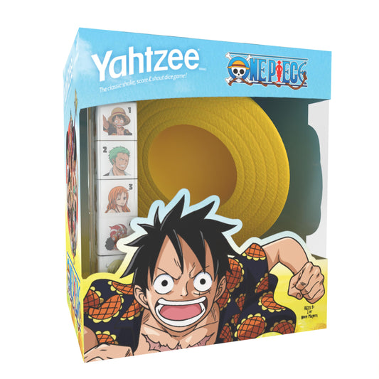 USAOPOLY Yahtzee One Piece dice cup with straw hat design for a themed family game night.