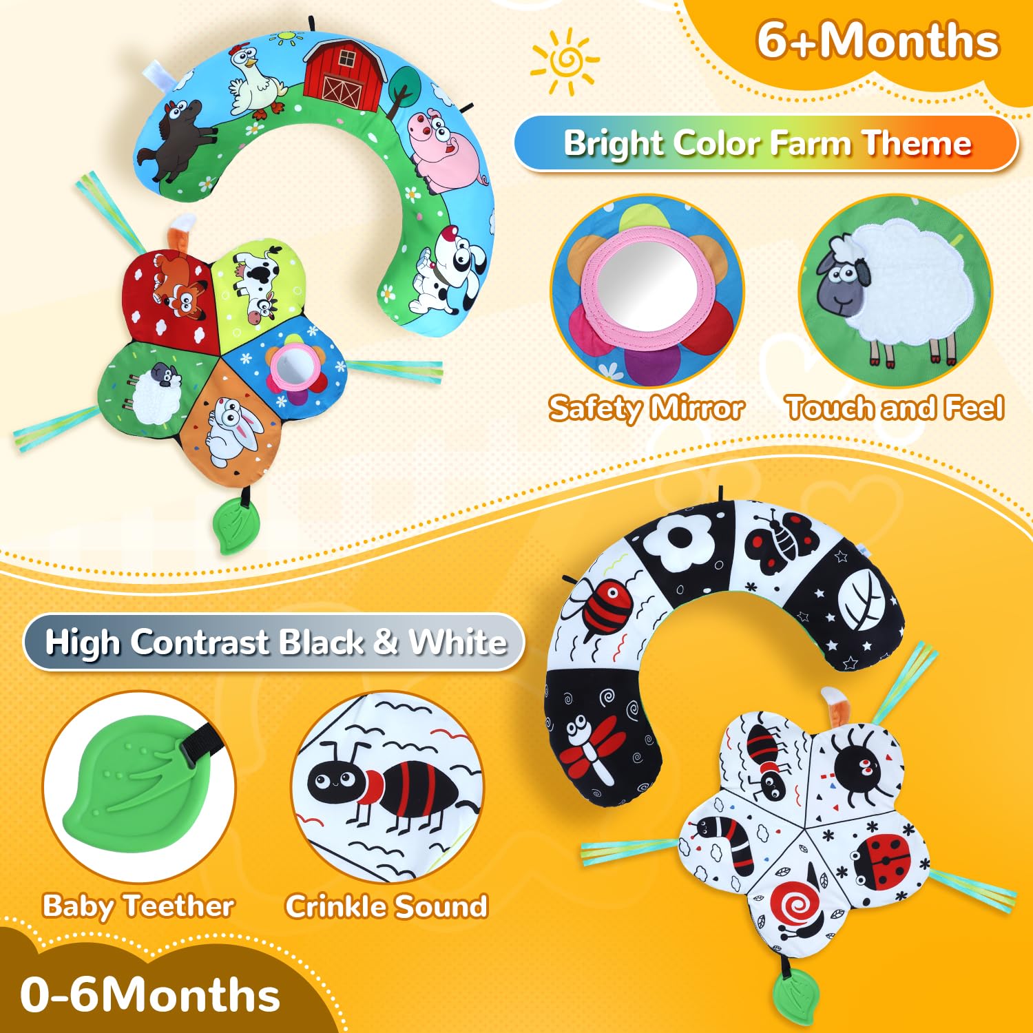 USATDD sensory teether and crinkle toy invite tactile exploration.