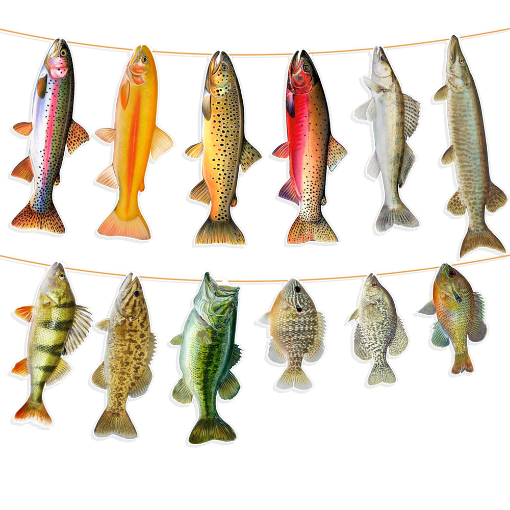 Ushinemi fishing banner with 12 fish designs, ideal for themed birthday parties.