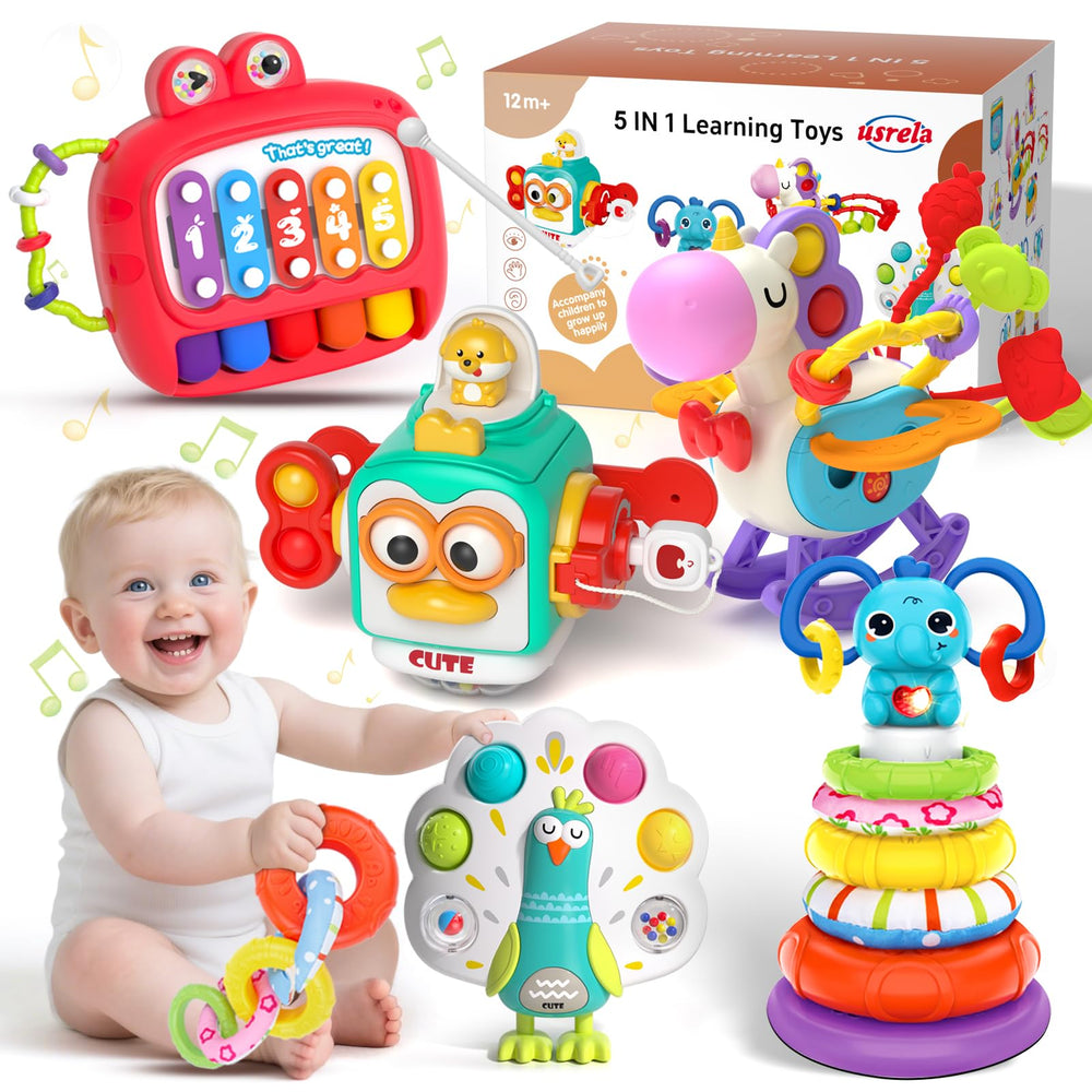 usrela 5 in 1 baby toy with stacked elephants promotes color and shape recognition.