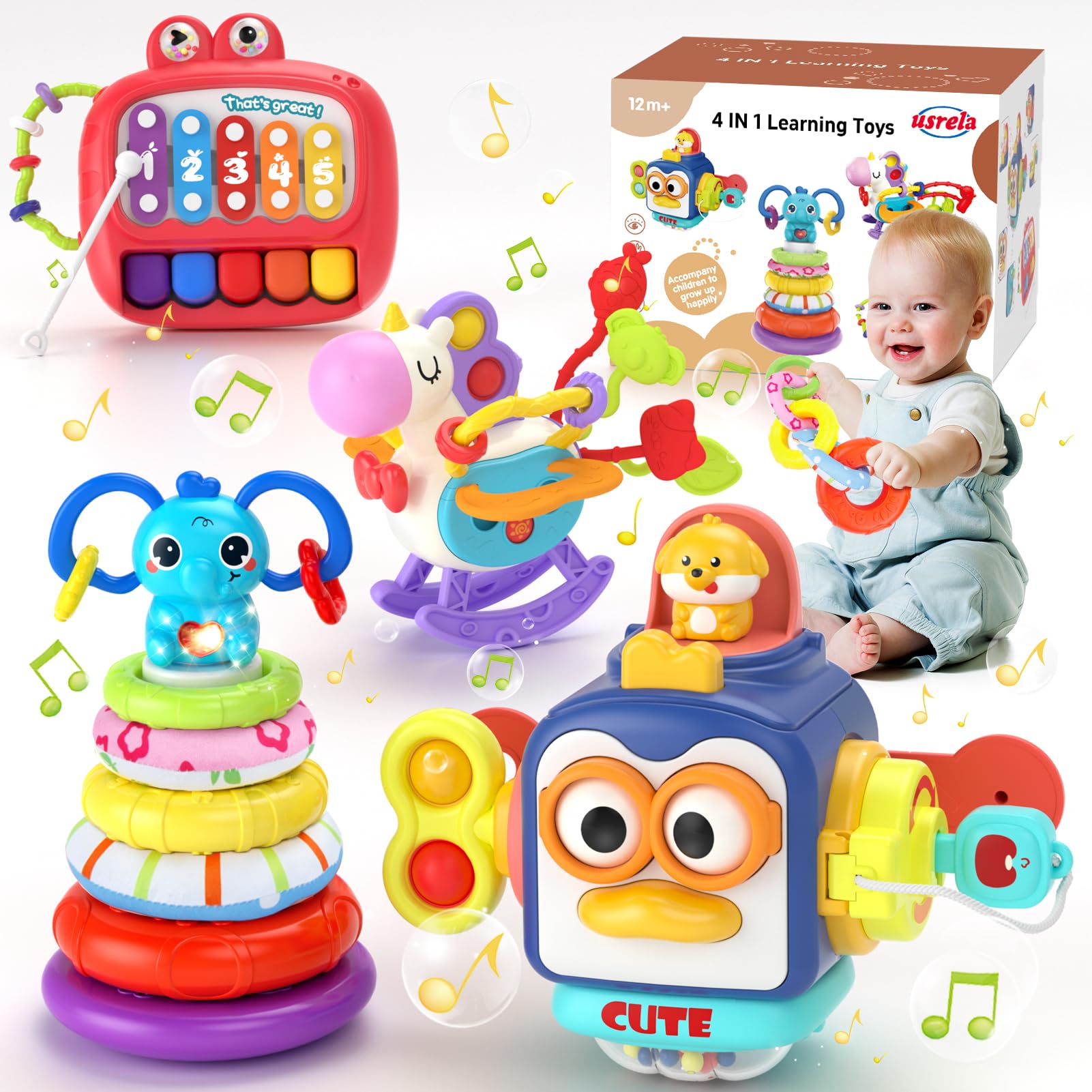 Usrela Busy Cube 4in1 with six play modes for tactile exploration and motor skills