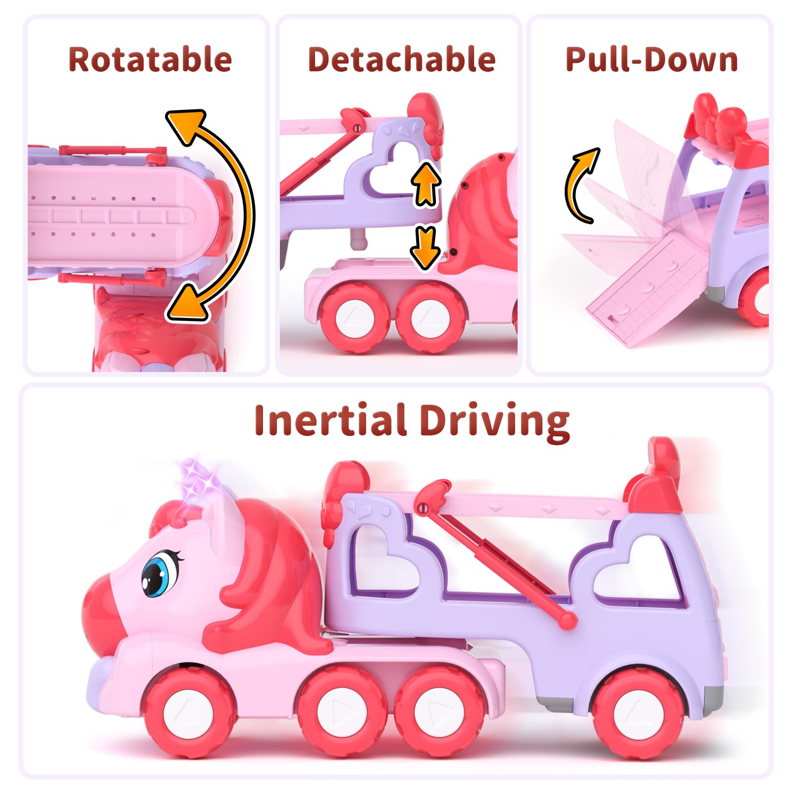 Rotatable unicorn head and detachable cab add versatile setup.