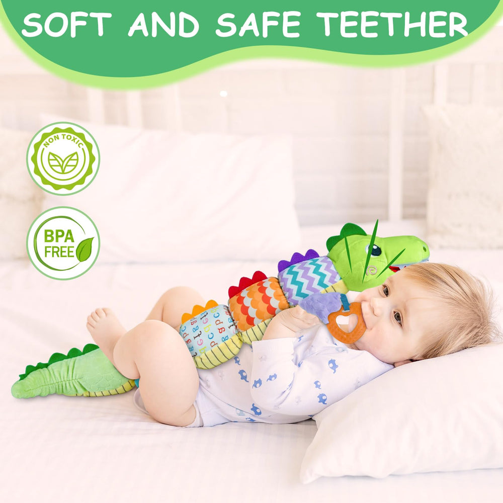 Ussybaby caterpillar crocodile toy crinkle paper engages tactile senses during playtime.