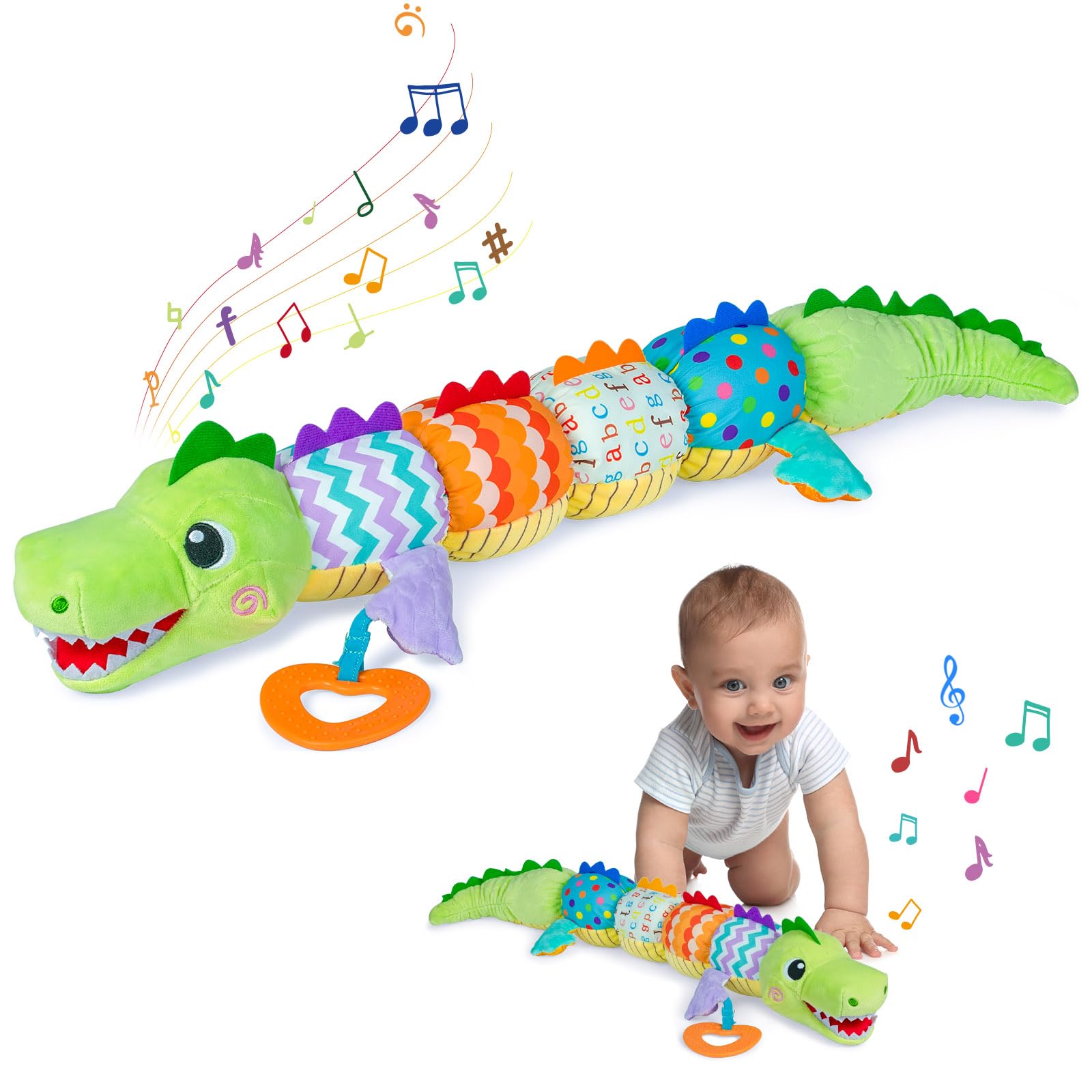 Ussybaby caterpillar crocodile toy front view highlights soft textures for engaging tummy time.