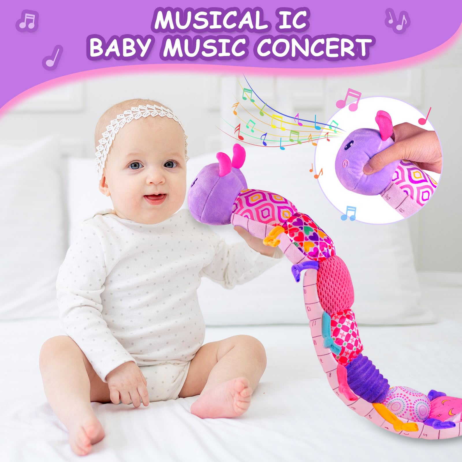 Ussybaby Caterpillar-Purple rattle close-up invites baby to reach and explore.
