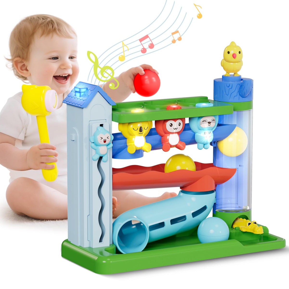 Ussybaby hammer-toddler-musical-toy activates lights and music to boost playtime