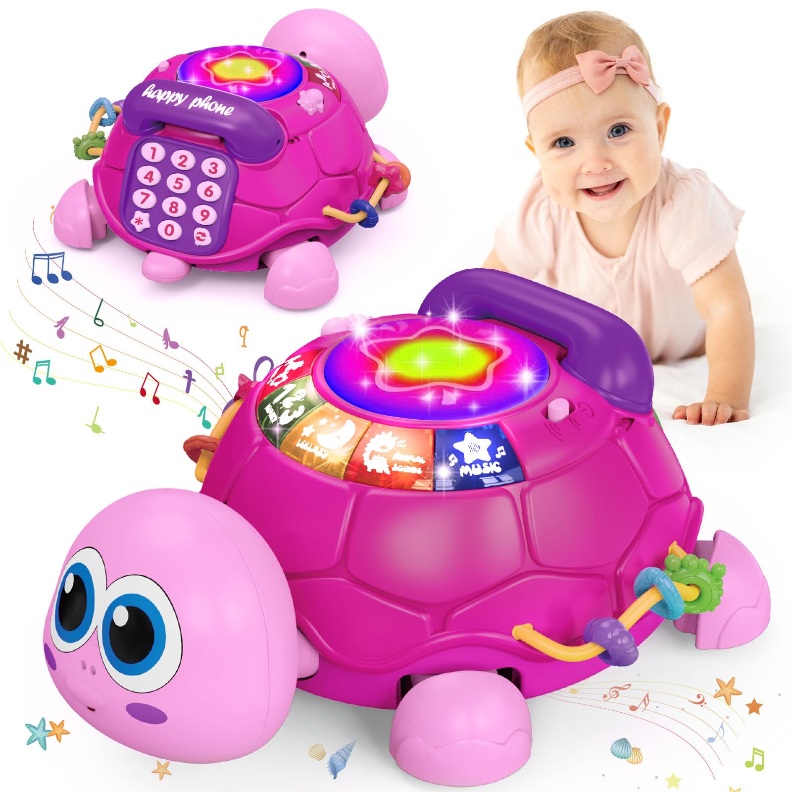Ussybaby Musical Turtle Toy showing 6-in-1 features for tummy time and play