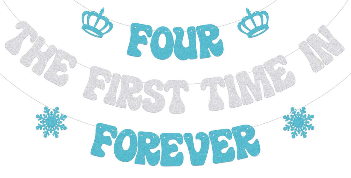 Usumz Four the First Time in Forever banner letters form a snowy photo backdrop.