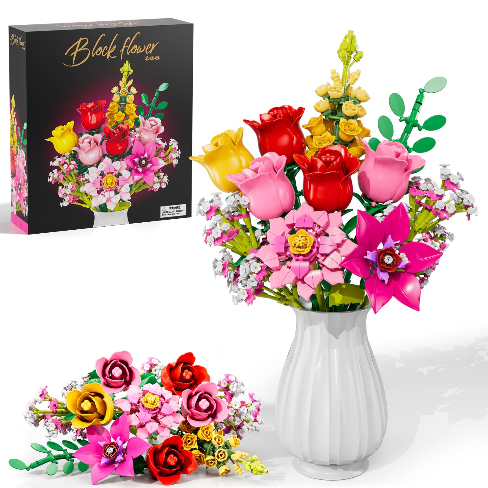 Utbttor Flowers bouquet building set with pink roses for stylish home decor.