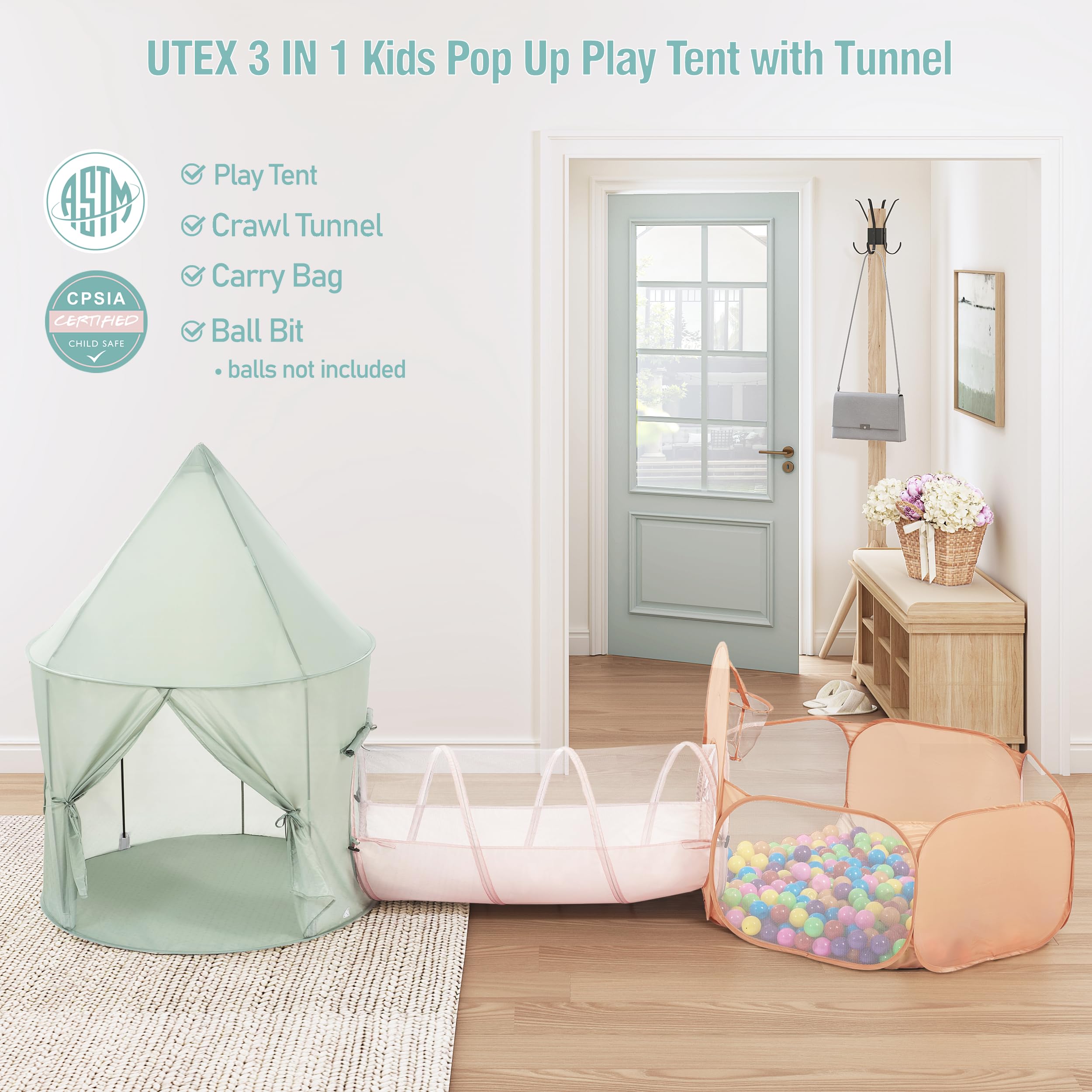 UTEX Kids Play Tent Ball Pit emphasizes a soft play area and quick assembly.