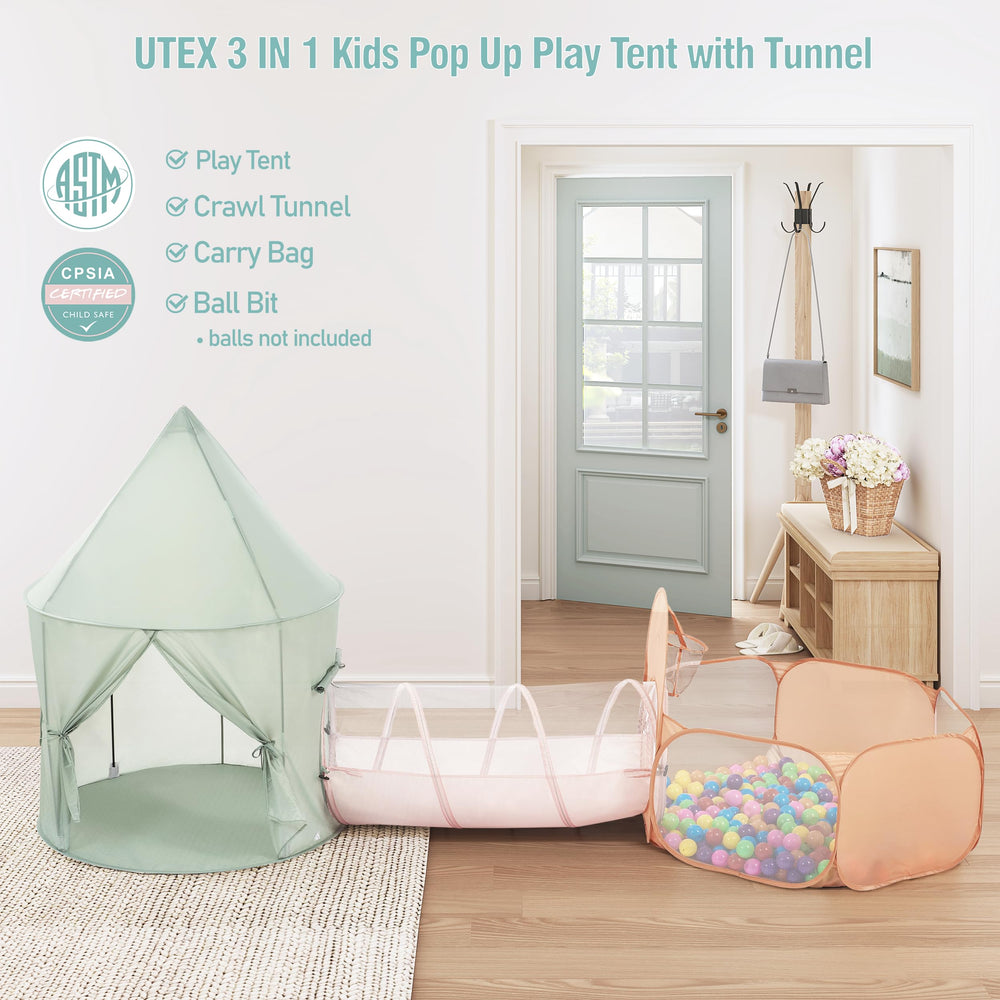 UTEX Kids Play Tent Ball Pit emphasizes a soft play area and quick assembly.