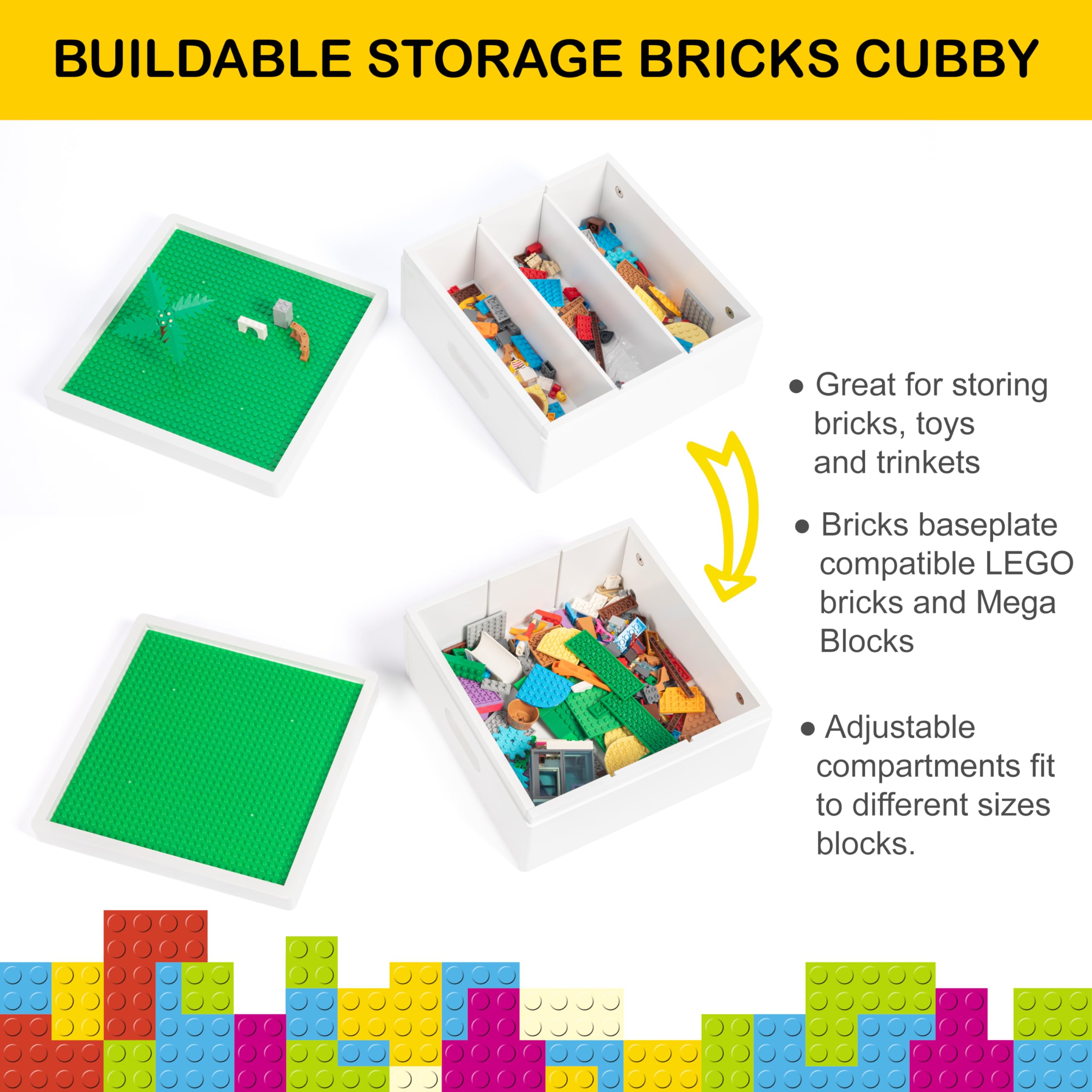 Three compartment storage keeps bricks sorted for quick cleanup