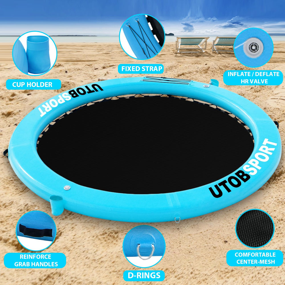 UTOBSPORT floating island raft on a lake, ideal for sunbathing and group fun.