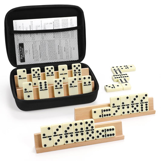 UVCANY jumbo dominoes set in case with four racks, easy travel organization for game nights.