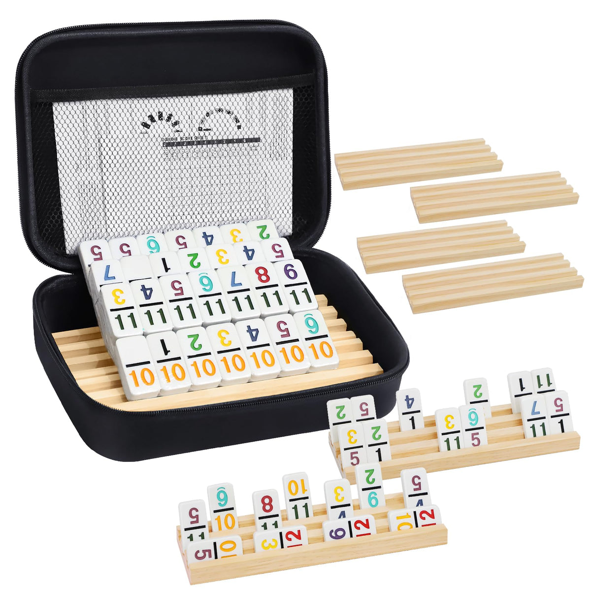 uvcany Mexican Train Dominoes Set with 91 tiles shown in travel-ready case