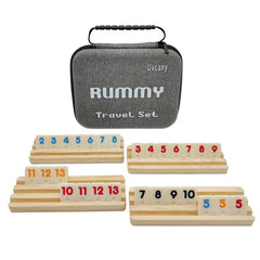 uvcany mini travel rummy cube set shows colorful tiles on wooden racks during quick play.