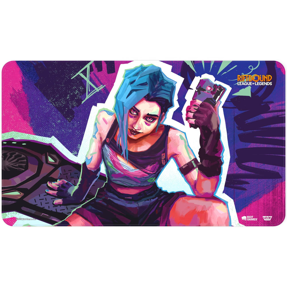 UVS Games Riftbound Origins Jinx Playmat front view with vibrant artwork and protective surface.