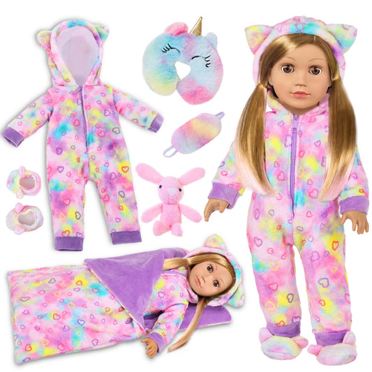 UZIDBTO rainbow sleeping bag for 18-inch dolls, cozy and inviting for sleepovers