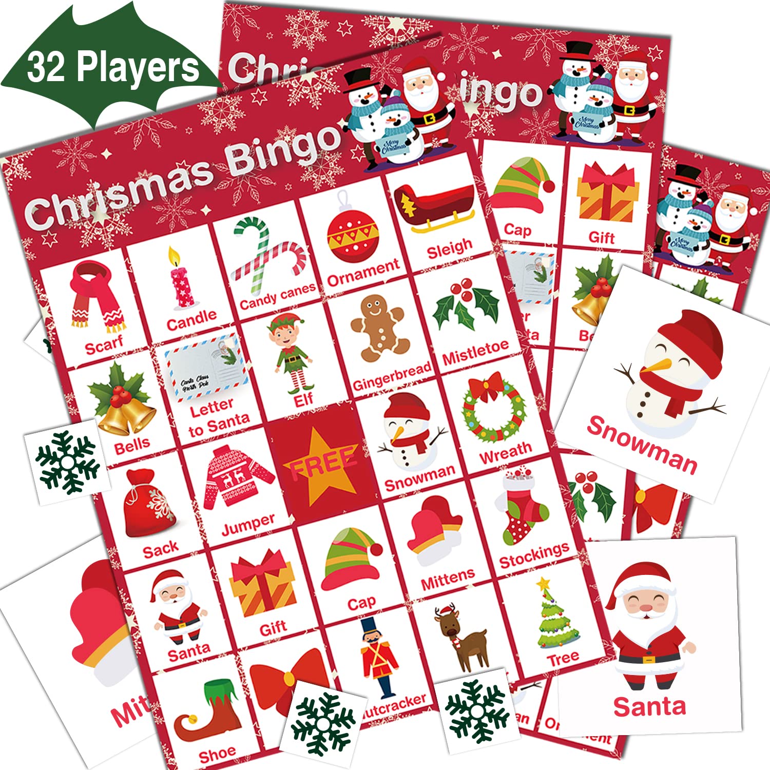 V-Opitos Christmas bingo cards for 32 players with festive patterns for family play