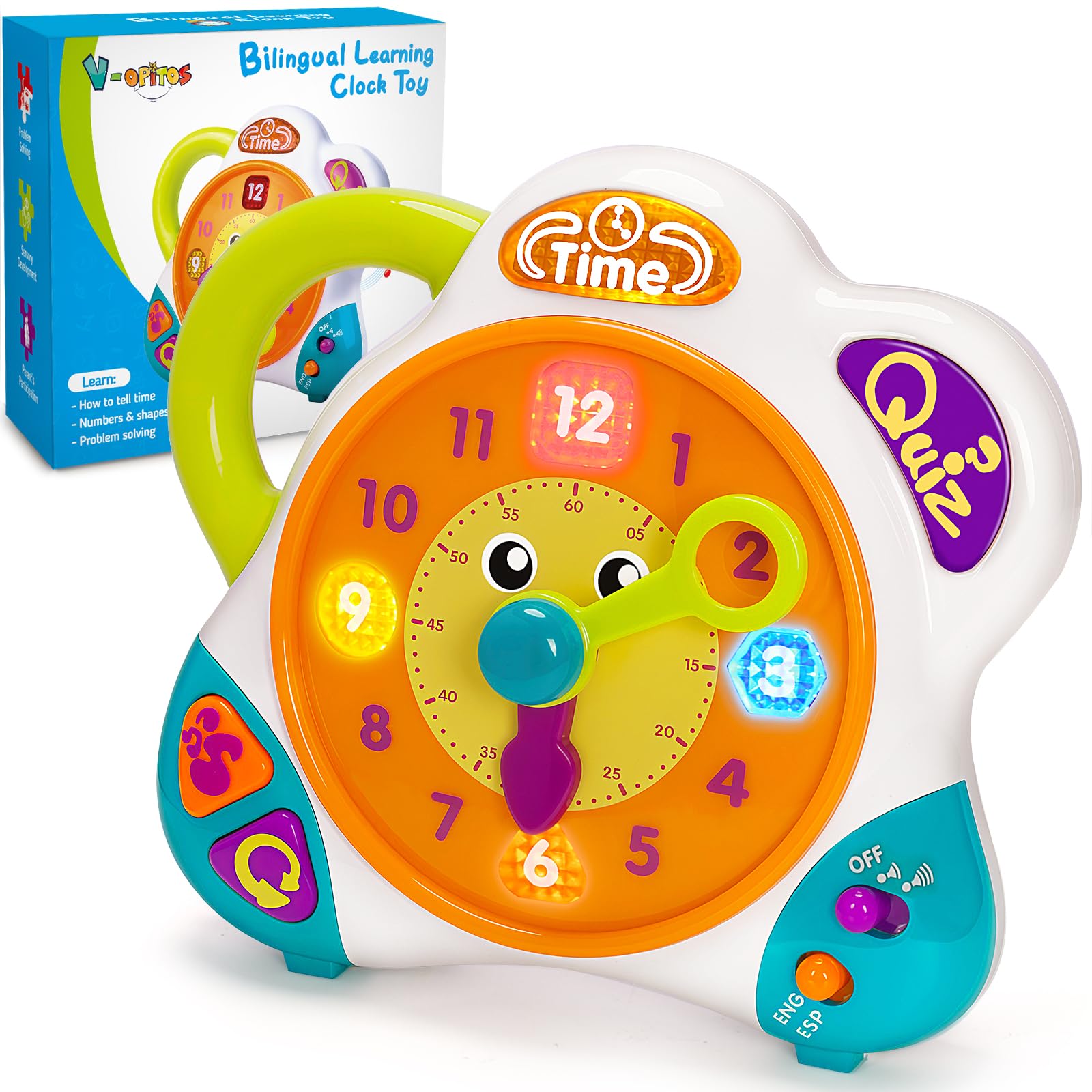V-Opitos clock learning toy front view engaging kids in hands-on time-telling practice.