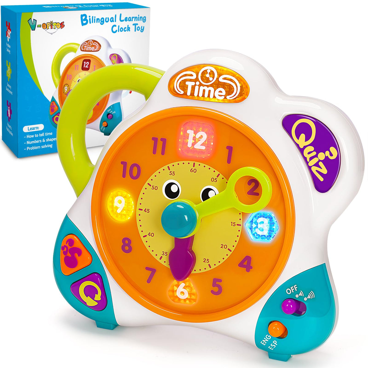 V-Opitos clock learning toy front view engaging kids in hands-on time-telling practice.