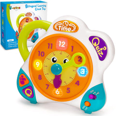 V-Opitos clock learning toy front view engaging kids in hands-on time-telling practice.