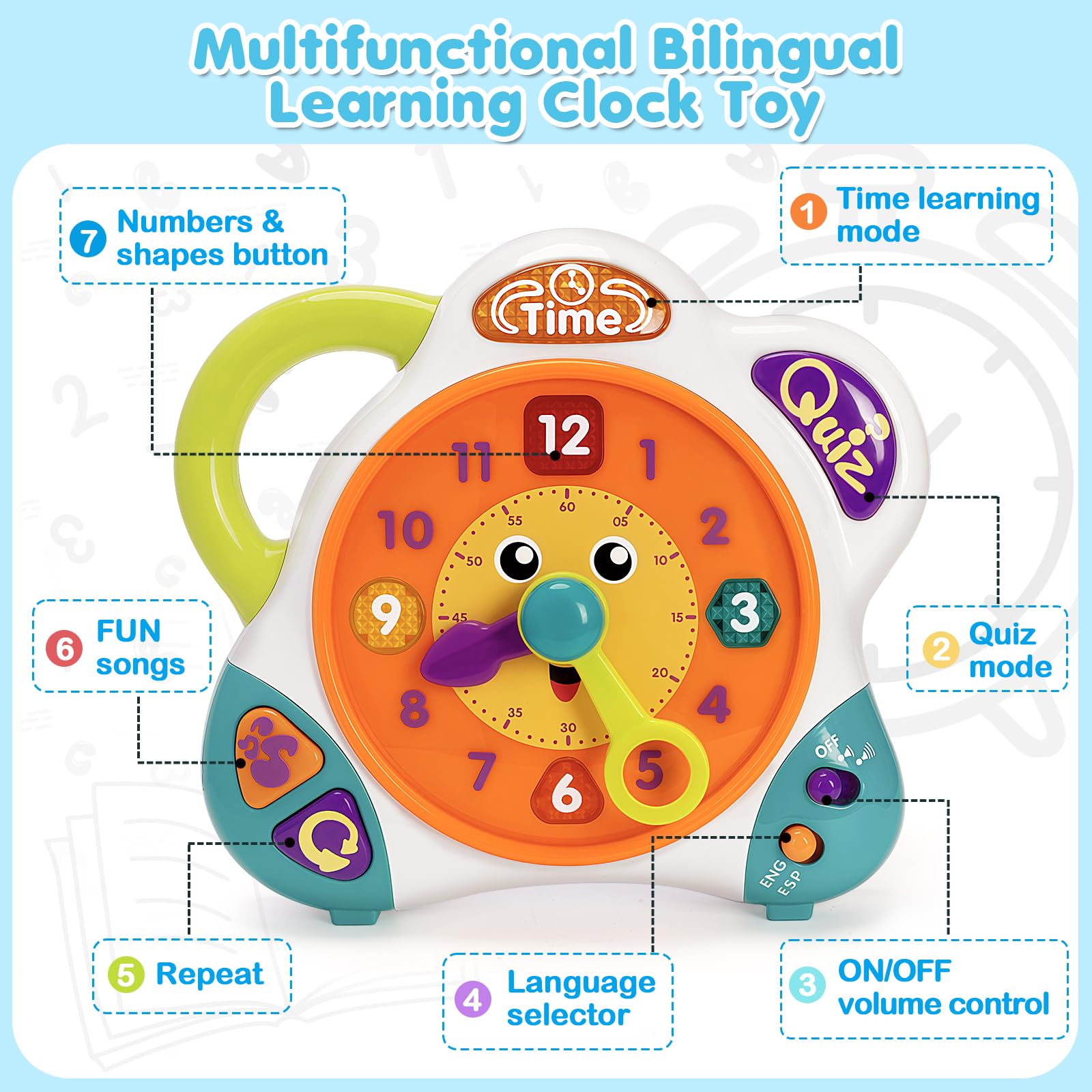 V-Opitos clock learning toy side buttons showing interactive features for early cognitive development.