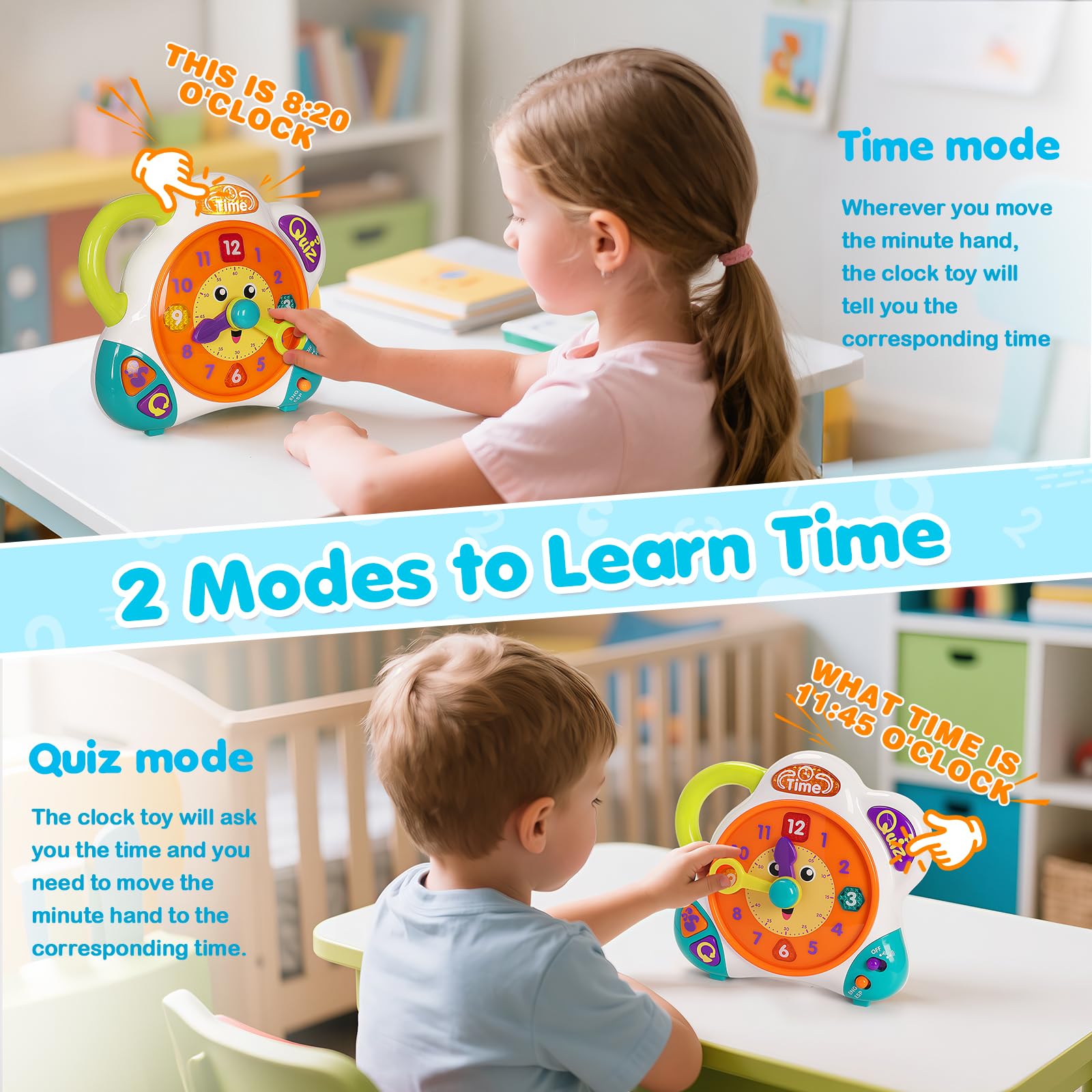 V-Opitos clock learning toy time mode display supporting accurate time-telling practice.