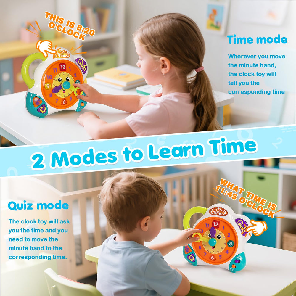 V-Opitos clock learning toy time mode display supporting accurate time-telling practice.