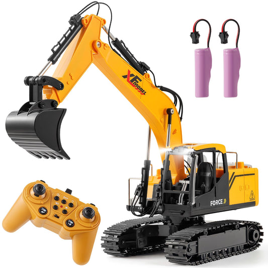 V-Opitos RC excavator toy performing digging action, inspiring imaginative play.