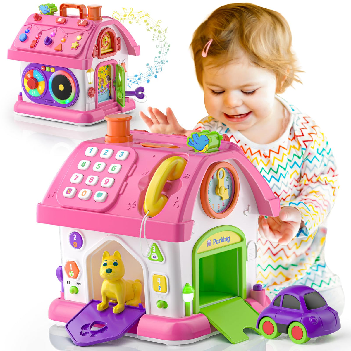 Vahome musical Montessori toy front view in pink supports fine motor skills