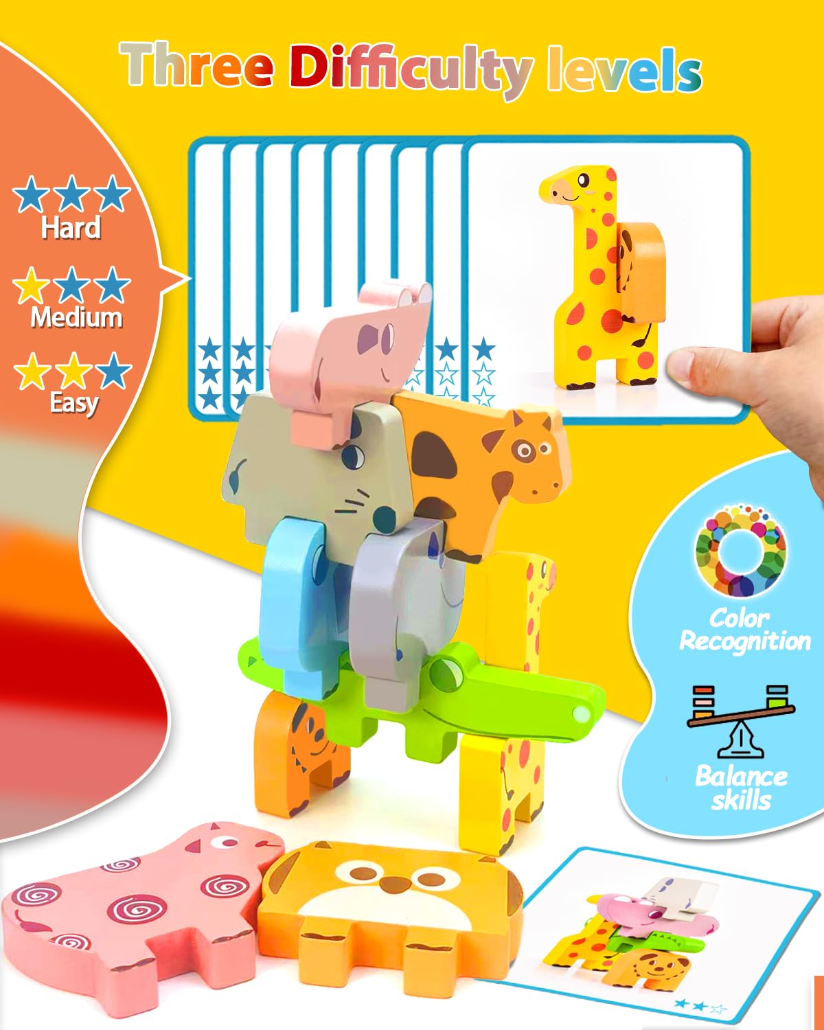 Vaiheng wooden blocks with animal figures and double-sided cards for creative play.