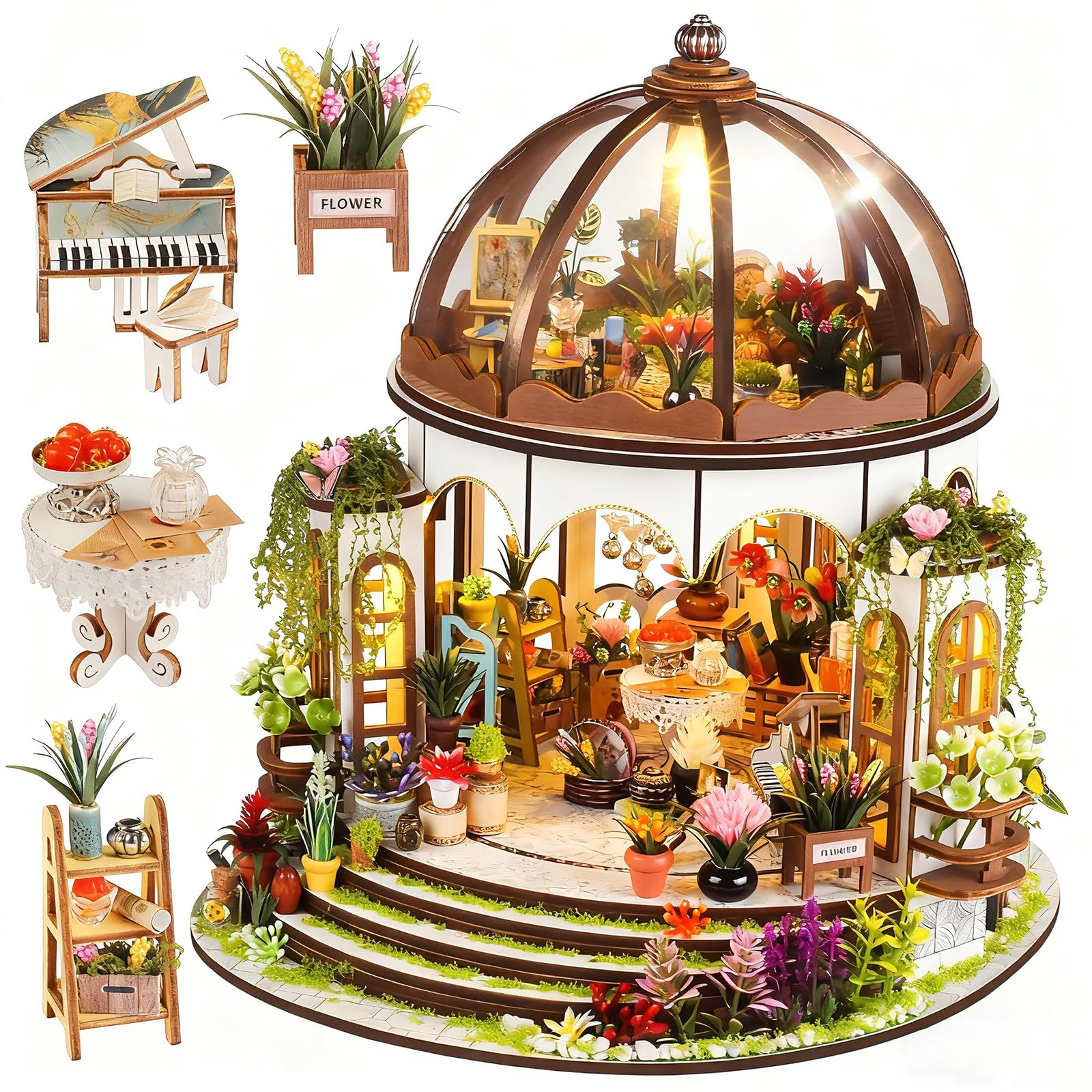 Vaki Vaki Hanging Garden miniature house with LED light creates cozy shelf ambiance.