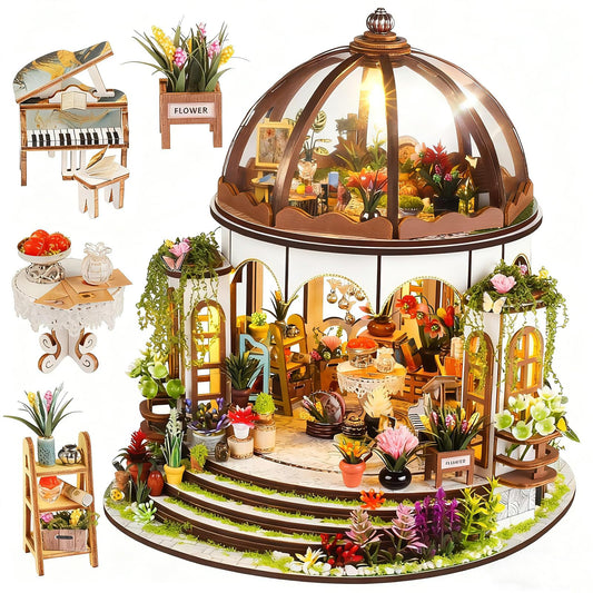 Vaki Vaki Hanging Garden miniature house with LED light creates cozy shelf ambiance.