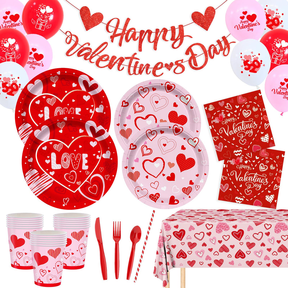 Valentine's Day party supplies tableware bundle showcases cohesive hearts for elegant entertaining.