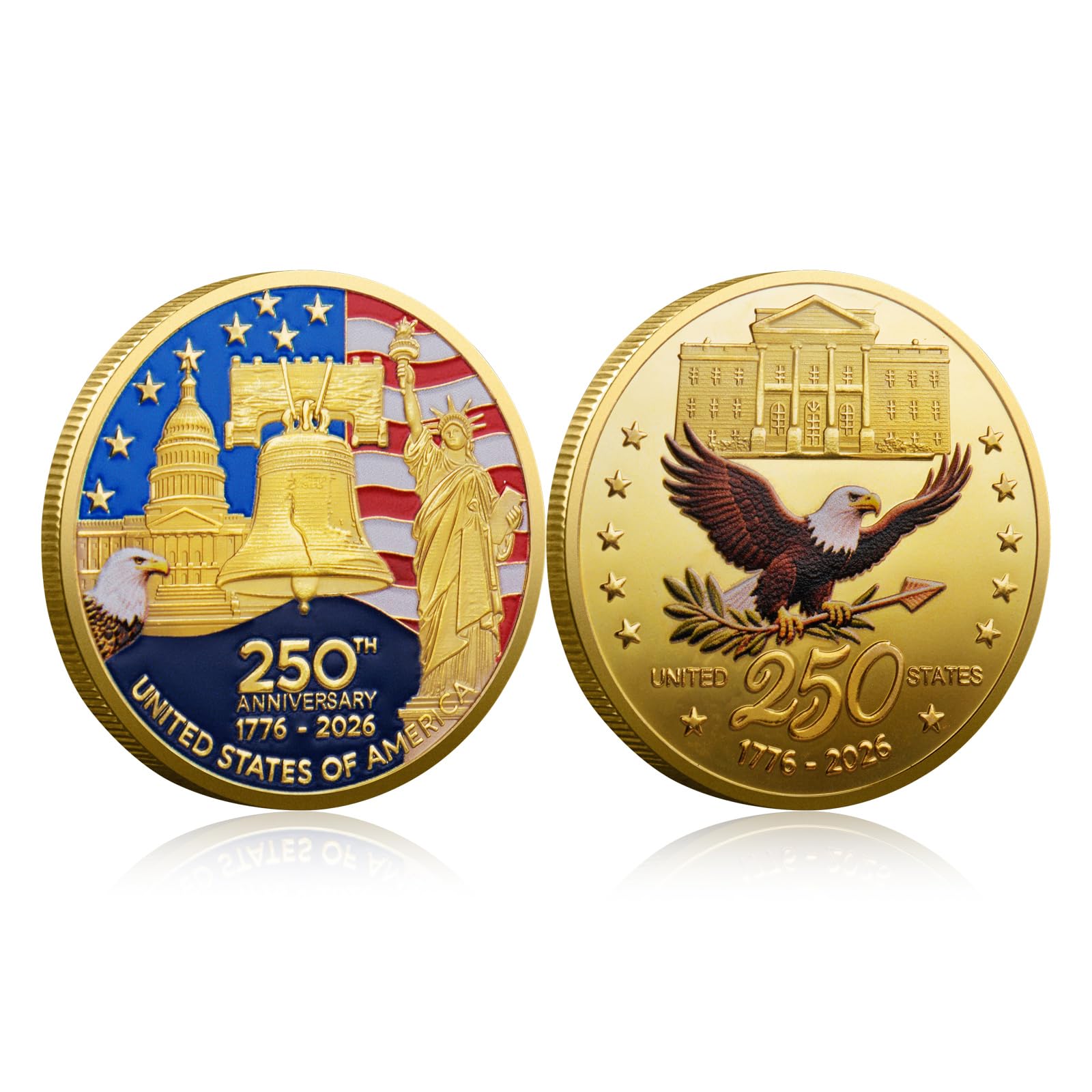 Valorforge 250th anniversary coin with golden flag design for a patriotic display.