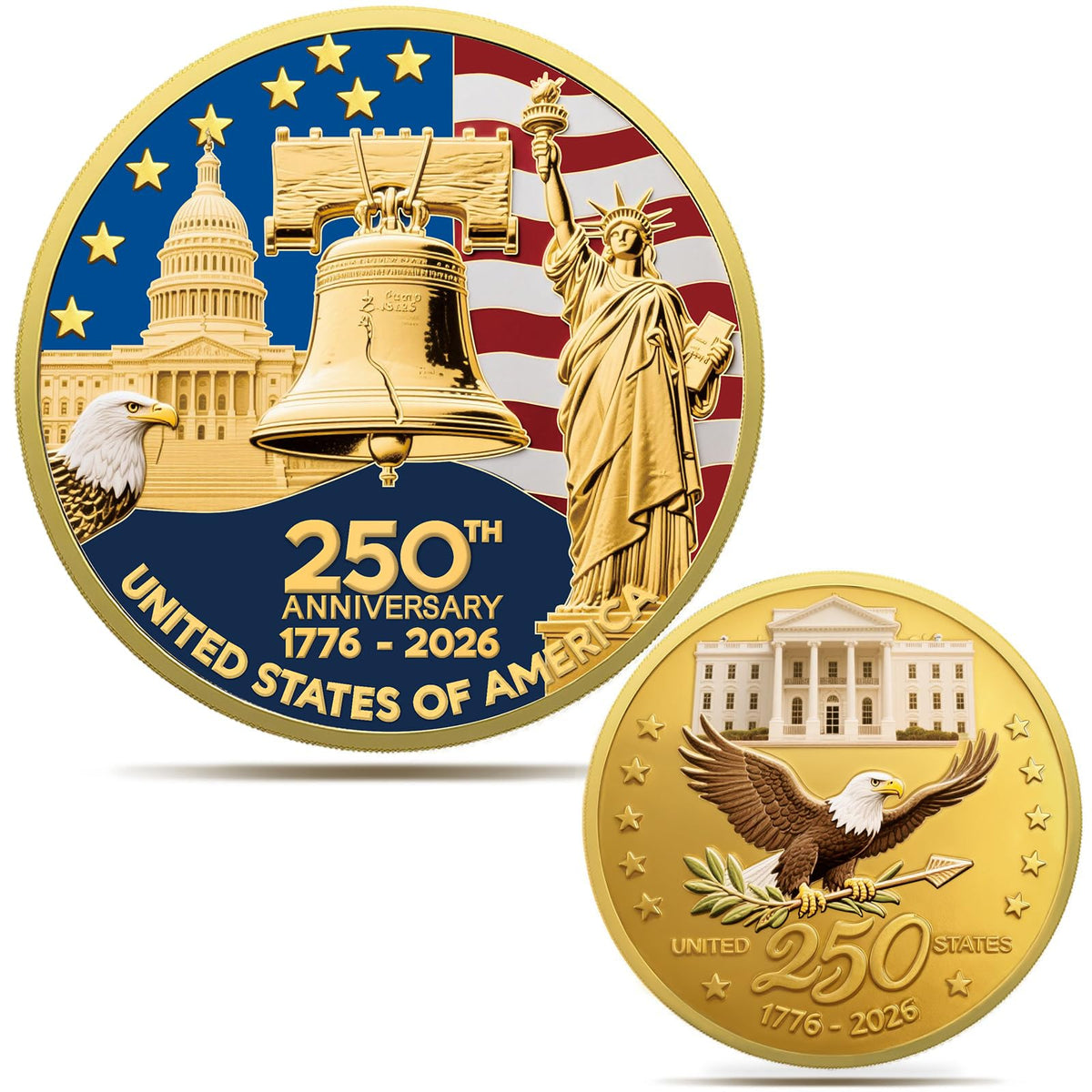 Valorforge Upgrade 1.77-inch coin with golden American flag design for display and pride