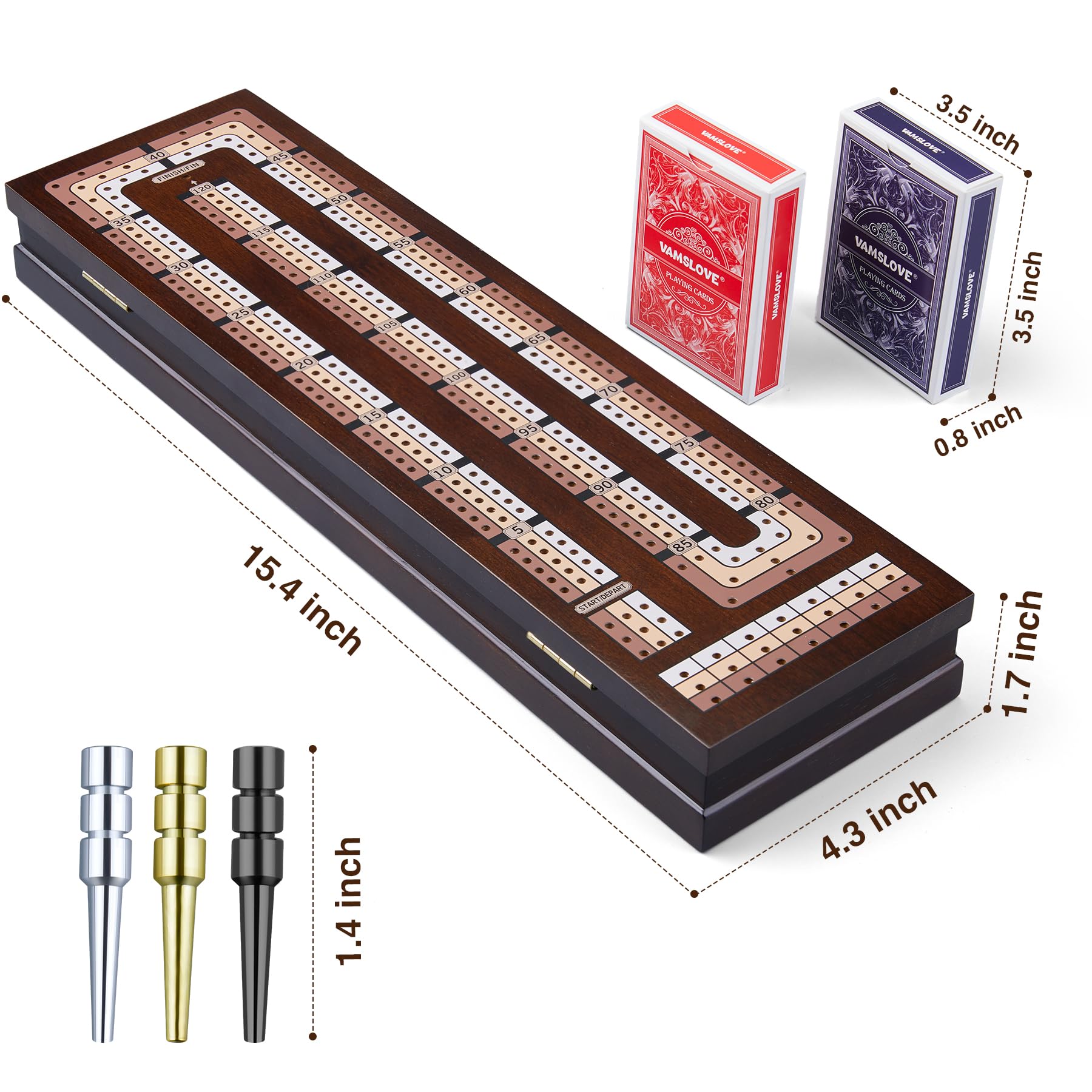 VAMSLOVE 3-track cribbage board with large slots for cards and pegs