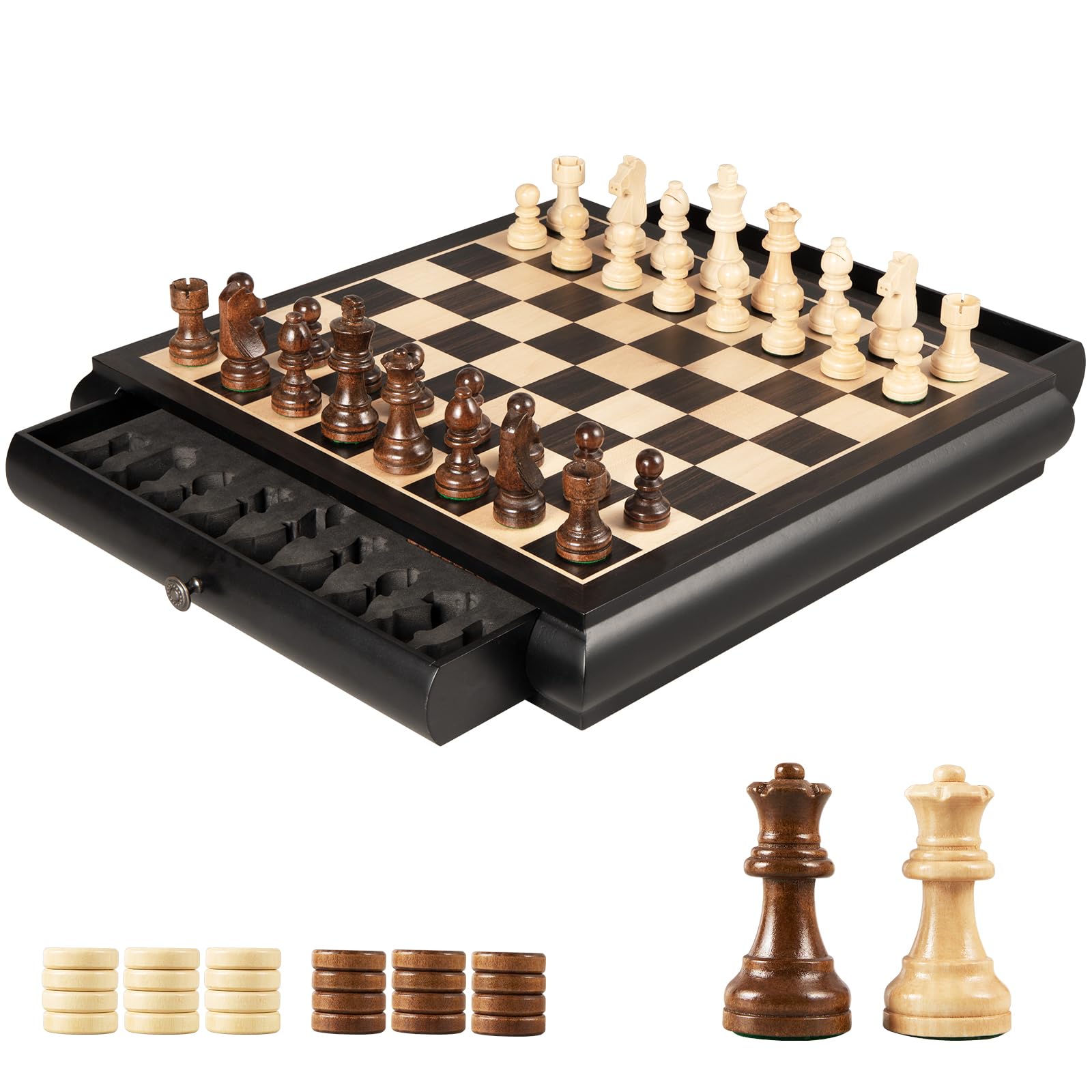 Vamslove wooden chess board with drawer storage, built for durable home play