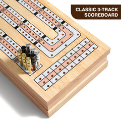Vamslove wooden cribbage board showing built-in storage slots for cards and pegs