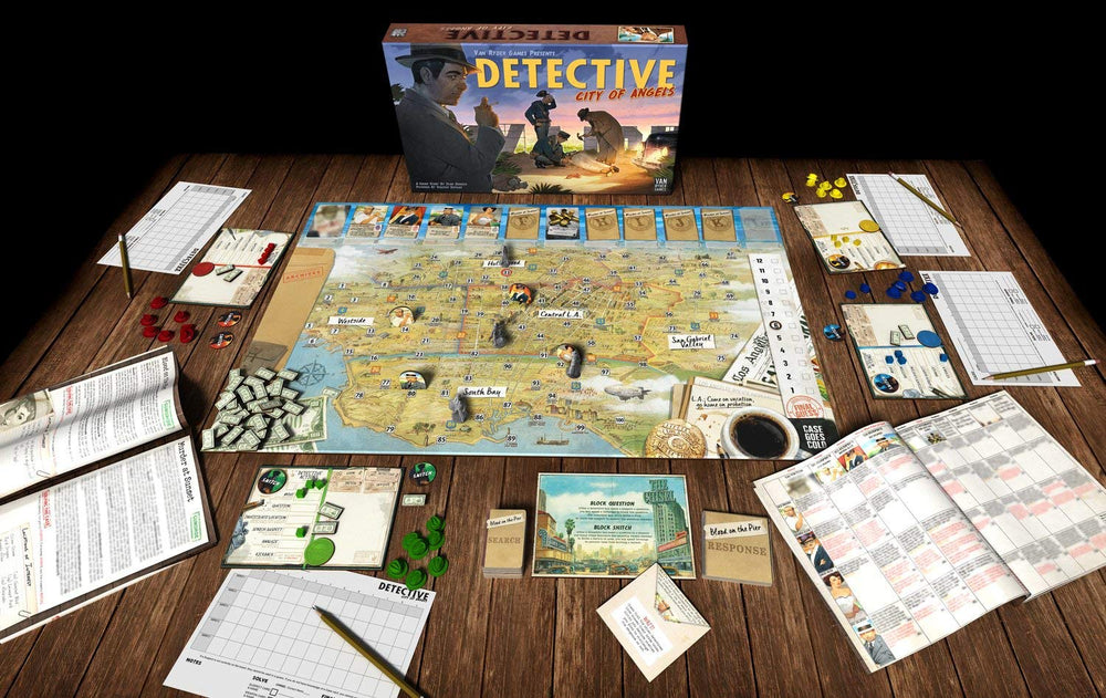 Van Ryder Games Detective City of Angels gameplay components laid out for quick setup