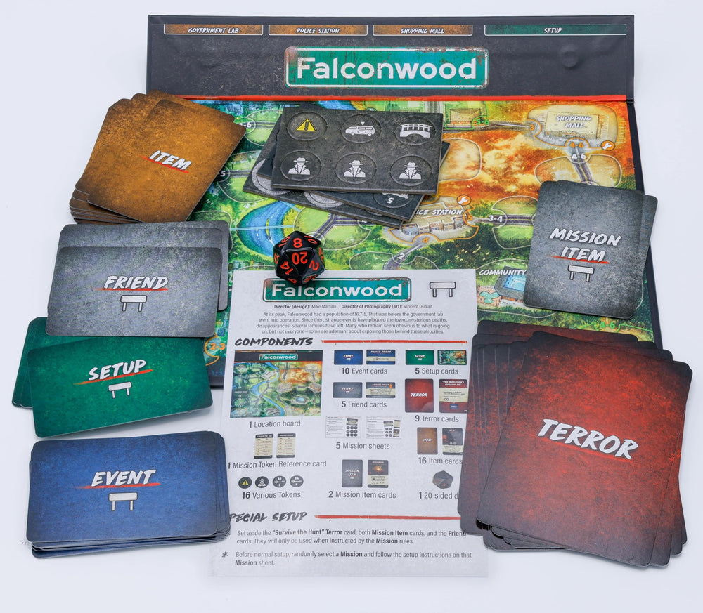 Falconwood Files tiles and dice image highlights setup-ready components for quick sessions.